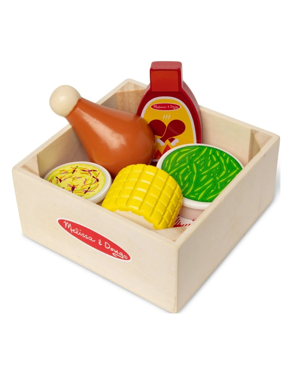 Melissa & Doug Wooden Dinner Picnic Box Play Food Set with Corn Chicken Coleslaw